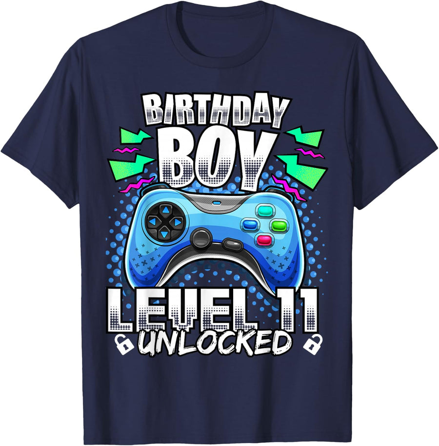 Level 11 Unlocked Video Game 11th Birthday Gamer Gift Boys T-Shirt - Navy Blue