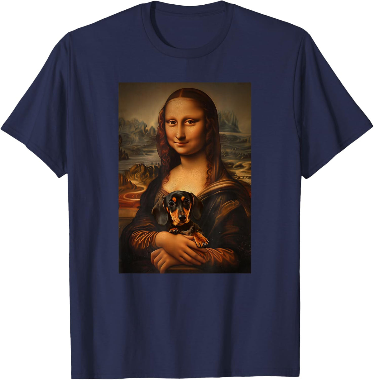 Dachshund Doxie Mona Lisa Painting Art Dog Mum Dad T-Shirt - Navy Blue