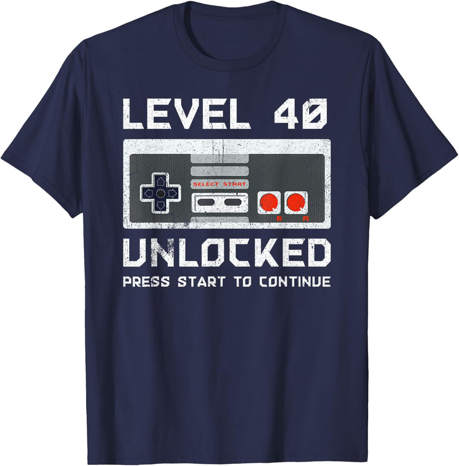 40 Year Old Forty Birthday Gift Level 40 Unlocked Gamer T-Shirt - Navy Blue