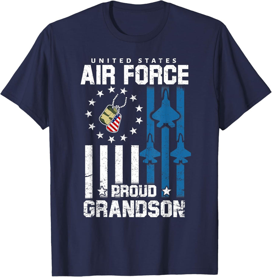 Proud Air Force Grandson Flag US Airman Family Matching T-Shirt - Navy Blue