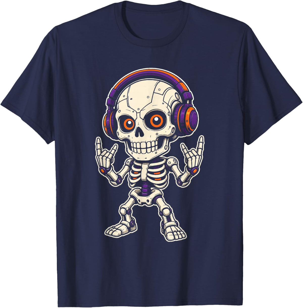 Halloween Robot Skull Headphones Rock Music Spooky T-Shirt - Navy Blue