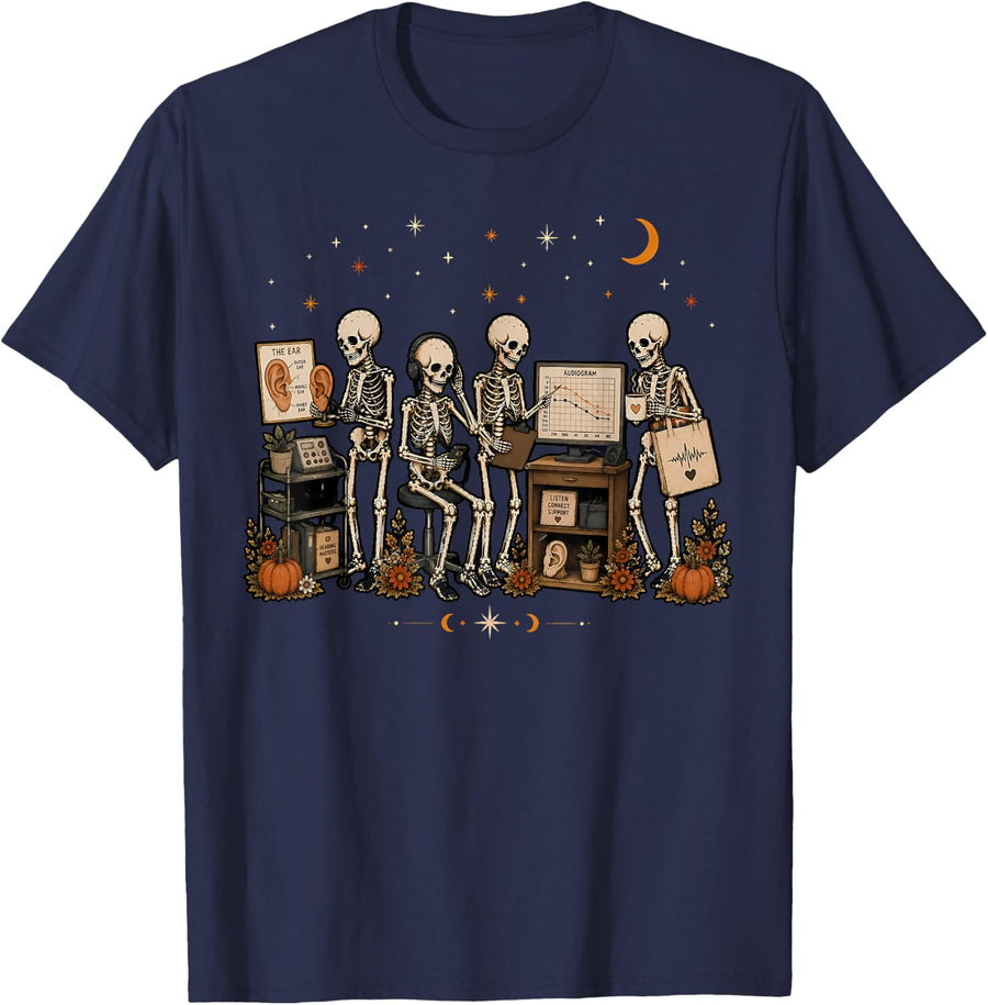 Skeleton Audiologist Ear ENT Nurse Fall Autumn Halloween T-Shirt - Navy Blue
