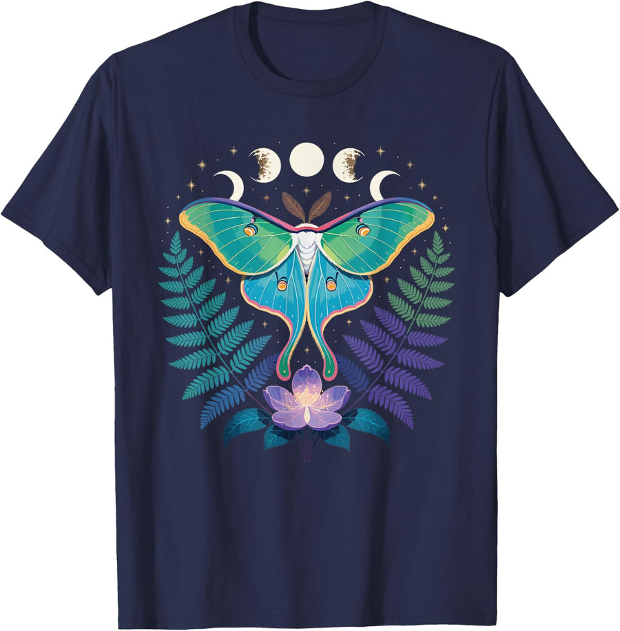 Fairycore Cottagecore Insect Lover Aesthetic Goth Luna Moth T-Shirt - Navy Blue