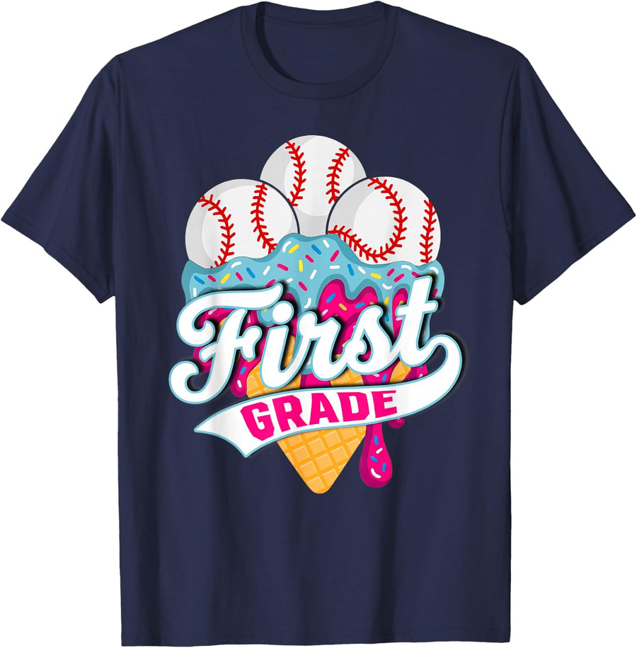 First Grade Baseball Ice Cream First Day of School Boys T-Shirt - Navy Blue