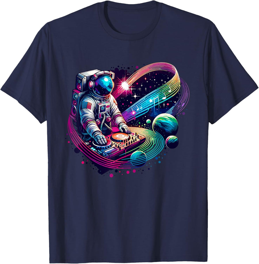 Astronaut DJ & DJing, Turntable Planets, EDM Space, Spaceman T-Shirt - Navy Blue
