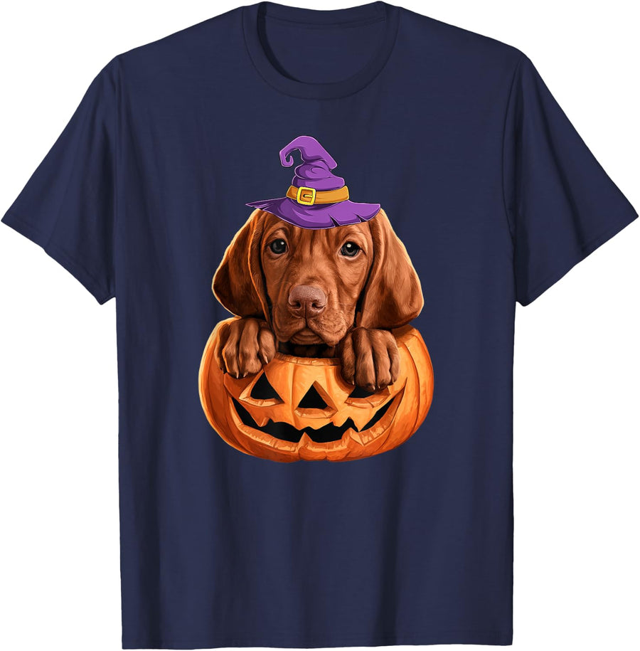 Cute Vizsla Witch Pumpkin Halloween Dog Lover T-Shirt - Navy Blue