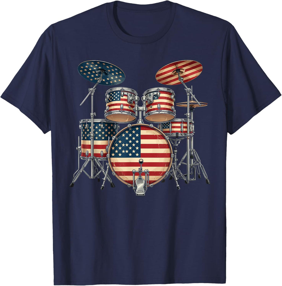 US Flag Play Drums Set Drummer Musician Rock Music Band T-Shirt - Navy Blue