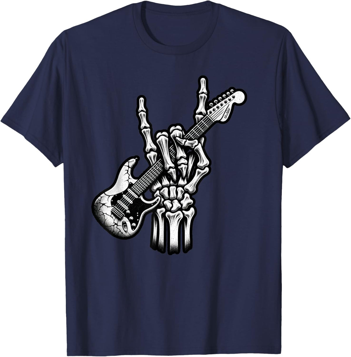 Funny Skeleton Electric Guitar Guitarist Rock Music Grunge T-Shirt - Navy Blue