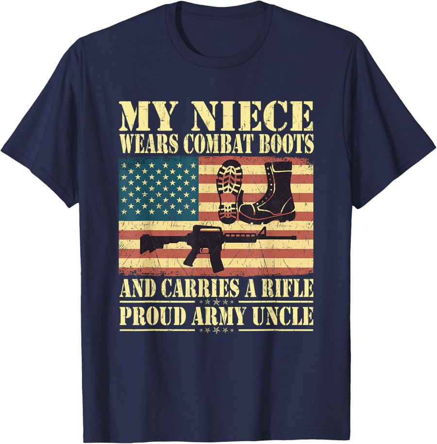 My Niece Wears Combat Boots Proud Army Uncle Military Family T-Shirt - Navy Blue
