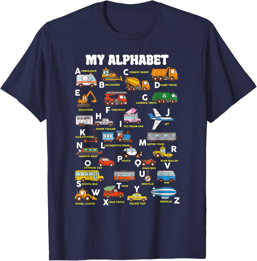 Alphabet Transport Learning ABC Car Bus Truck Educational T-Shirt - Navy Blue