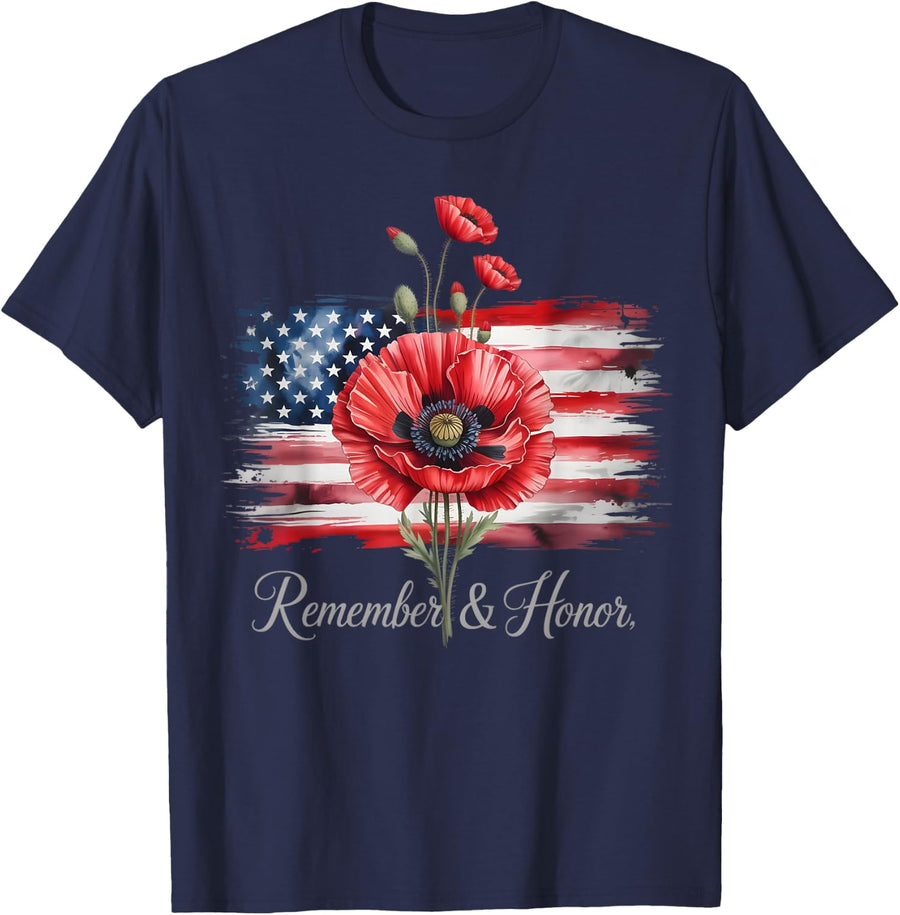 Veterans Day USA Memorial Day Red Poppy Flower Military T-Shirt - Navy Blue