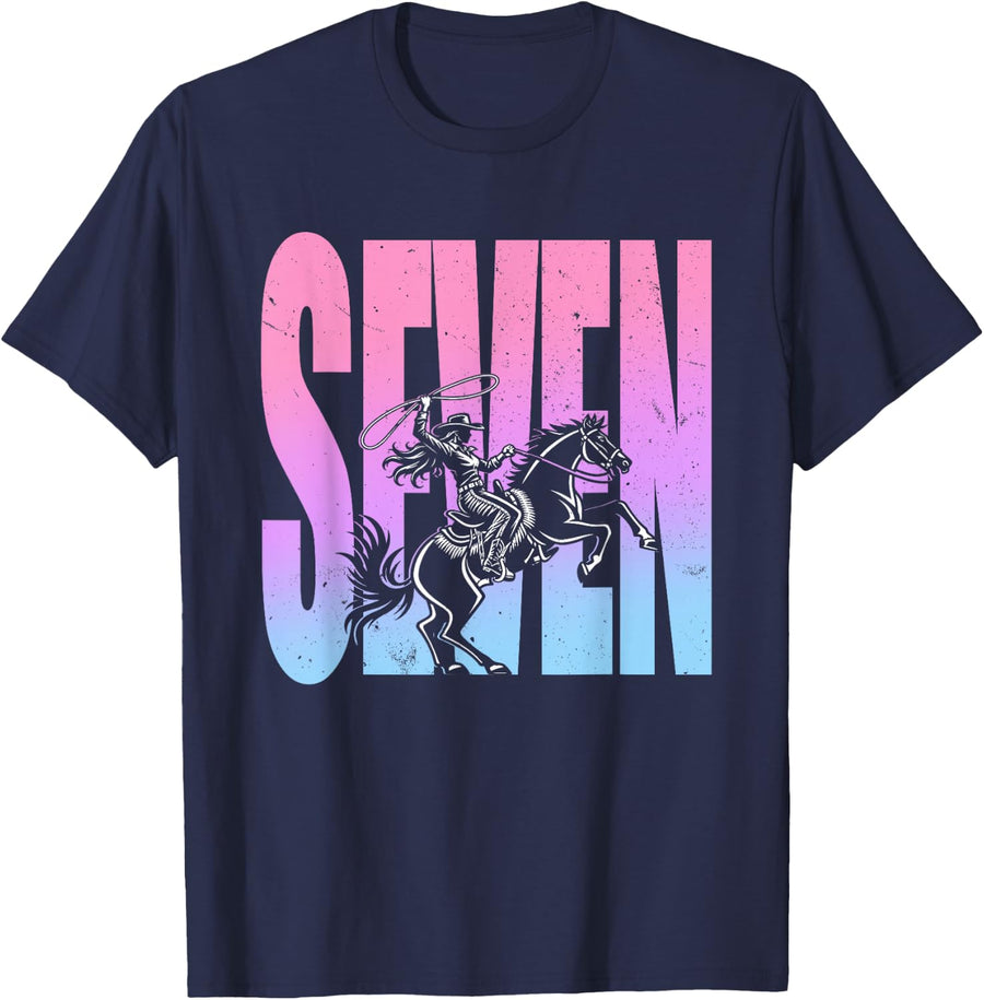 7th Birthday Rodeo Western Cowgirl Riding Horse Party T-Shirt - Navy Blue