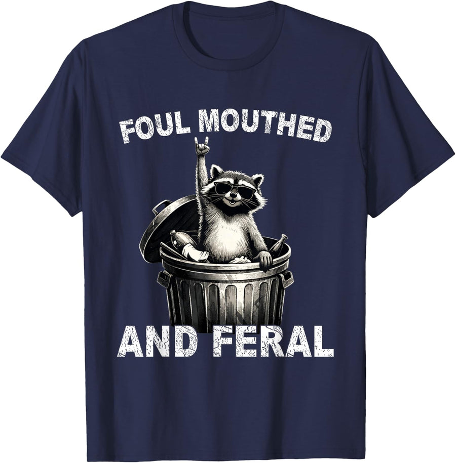 Foul Mouthed and Feral Raccoon Funny Trash Panda Vintage T-Shirt - Navy Blue