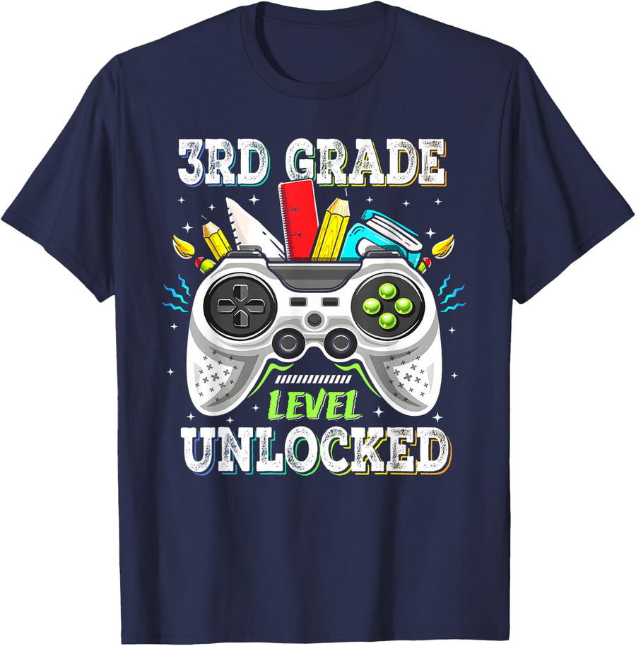 Back To School 3rd Grade Level Unlocked Gamer Kids Boys T-Shirt - Navy Blue