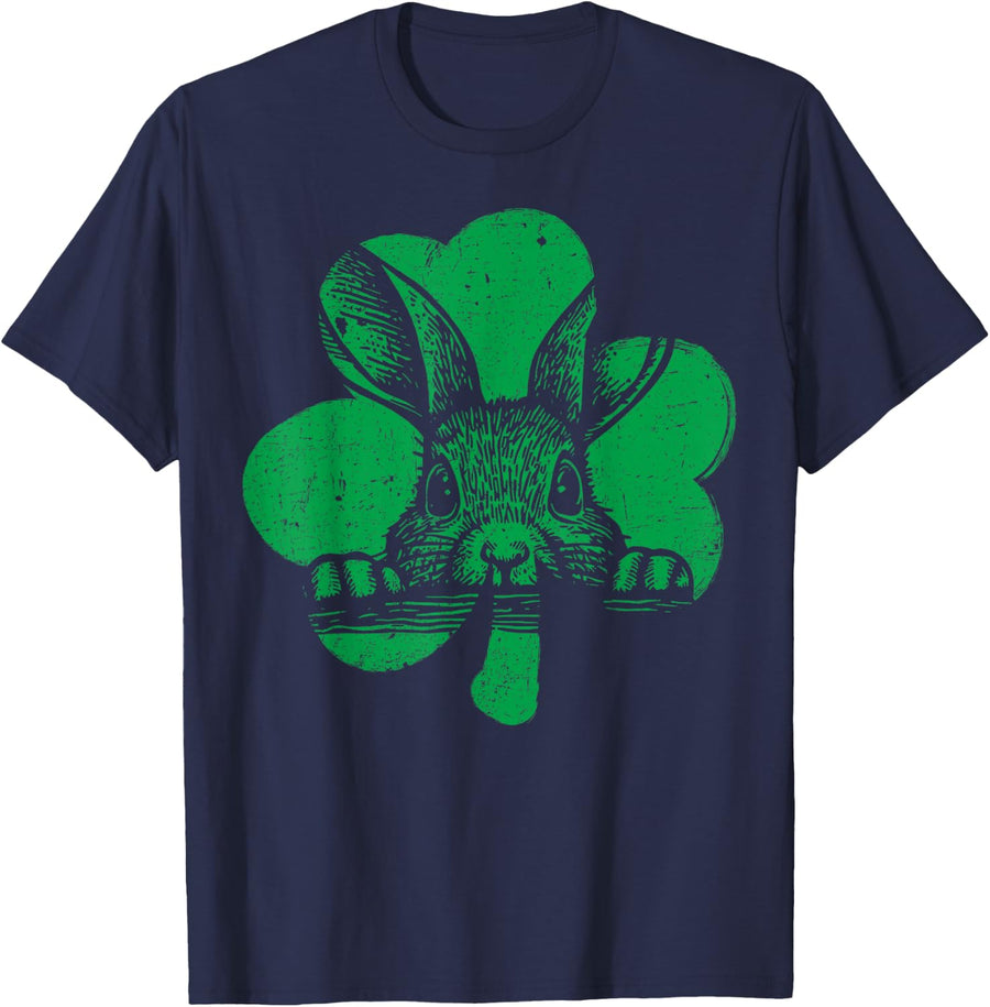 Bunny On Four Leaf Green Clover St Patricks Day Men Women T-Shirt - Navy Blue