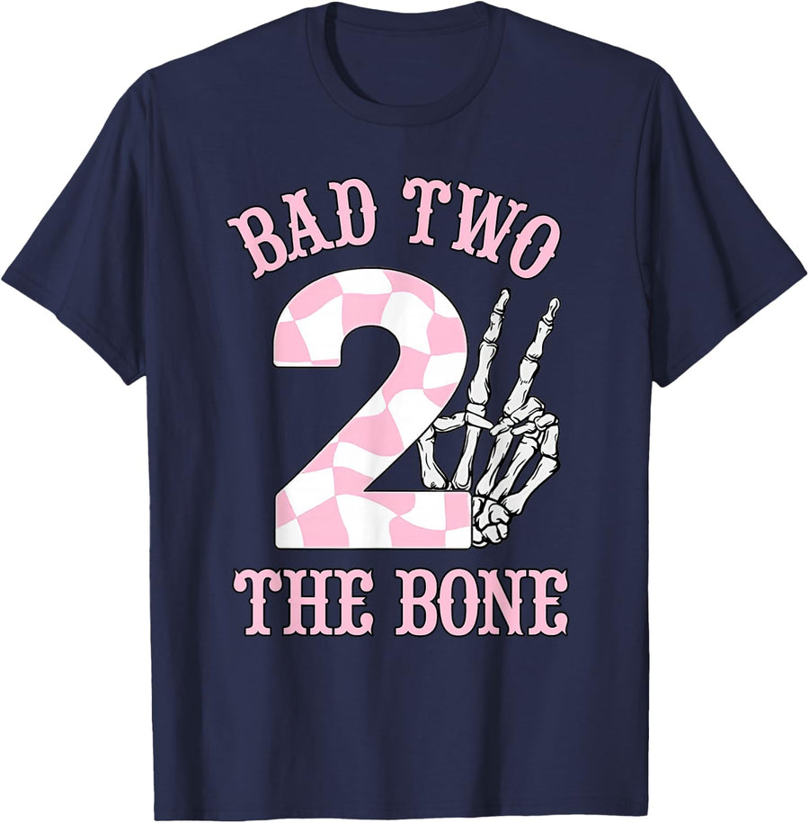 2nd Birthday Outfit Girl Bad Two The Bone Party Decorations T-Shirt - Navy Blue