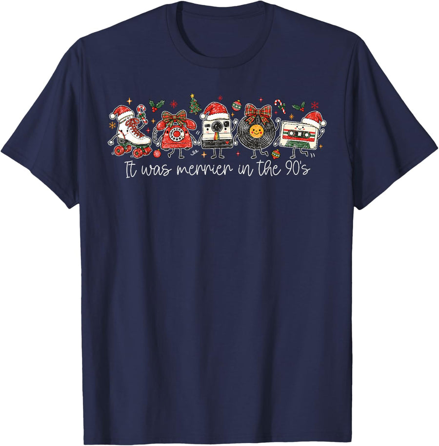 Ugly Christmas Sweater t was Merrier in The 90s Retro Xmas T-Shirt - Navy Blue