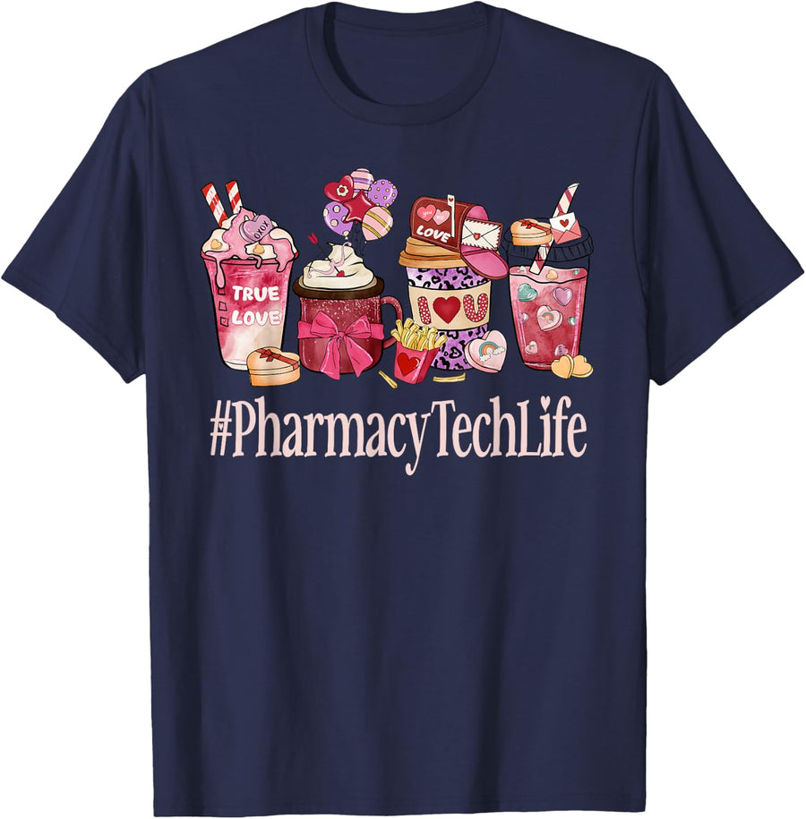 Pharmacy Tech Women Coffee Lovers Funny Valentine's Day T-Shirt - Navy Blue