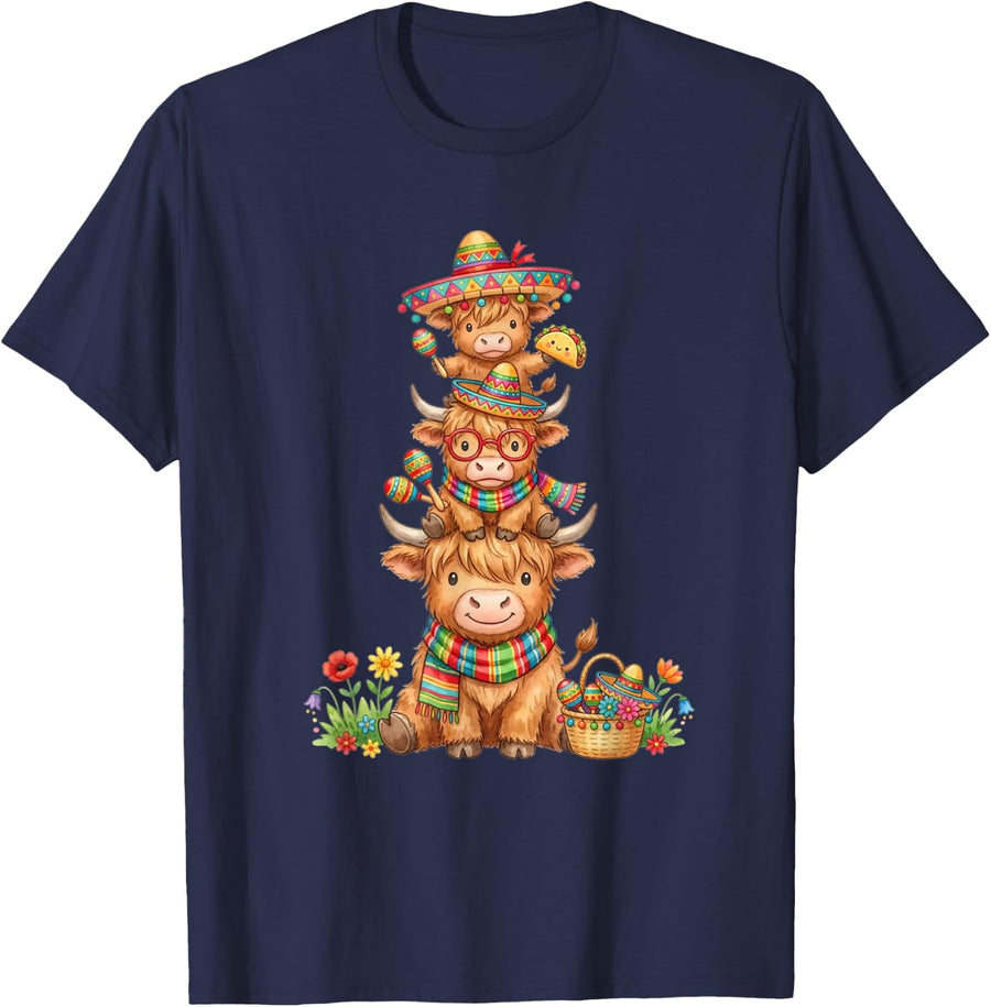 Highland Cow Fiesta with Sombrero and Maracas Cinco De Mayo T-Shirt - Navy Blue