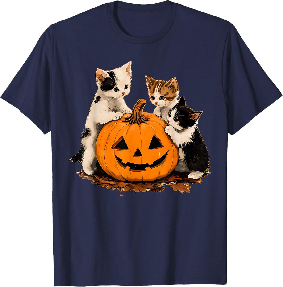 Halloween Vintage 90s Cat Pumpkin Spooky Season Men Women T-Shirt - Navy Blue