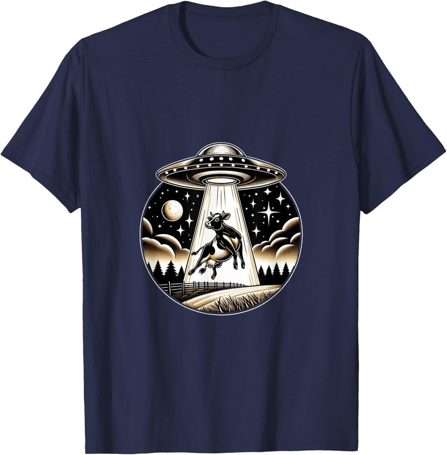 Vintage Line Art Cow Abduction UFO Space Farm T-Shirt - Navy Blue