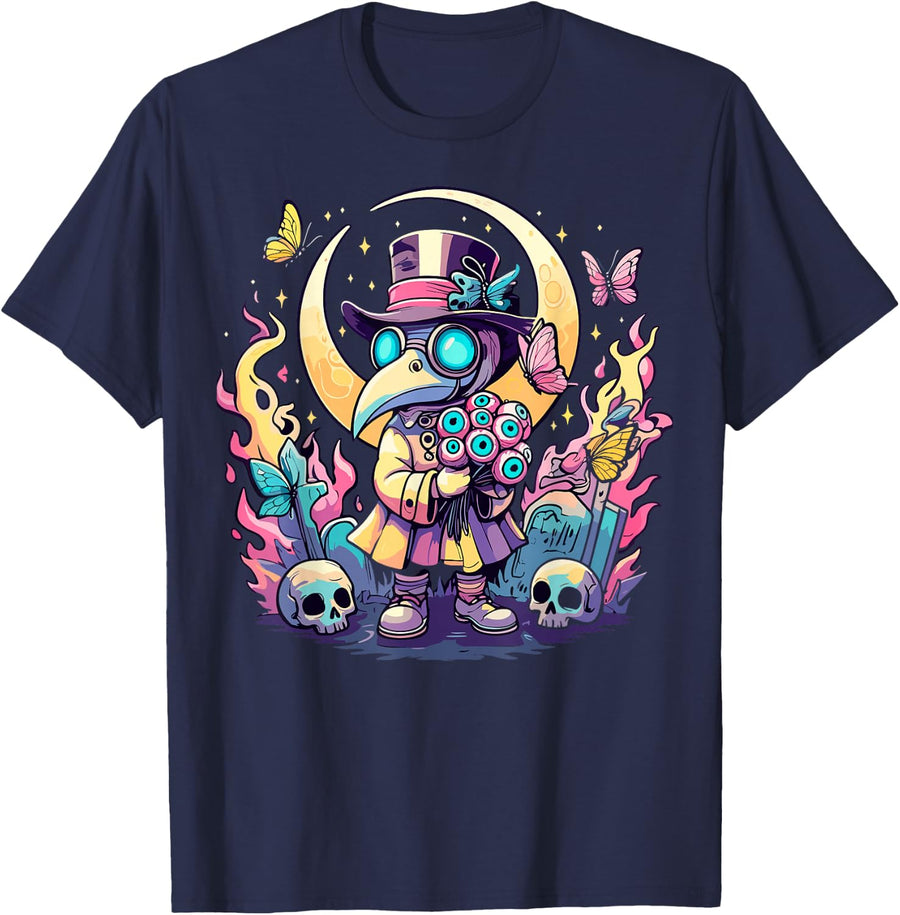 Creepy Cute Plague Doctor in Cemetery Kawaii Pastel Goth T-Shirt - Navy Blue