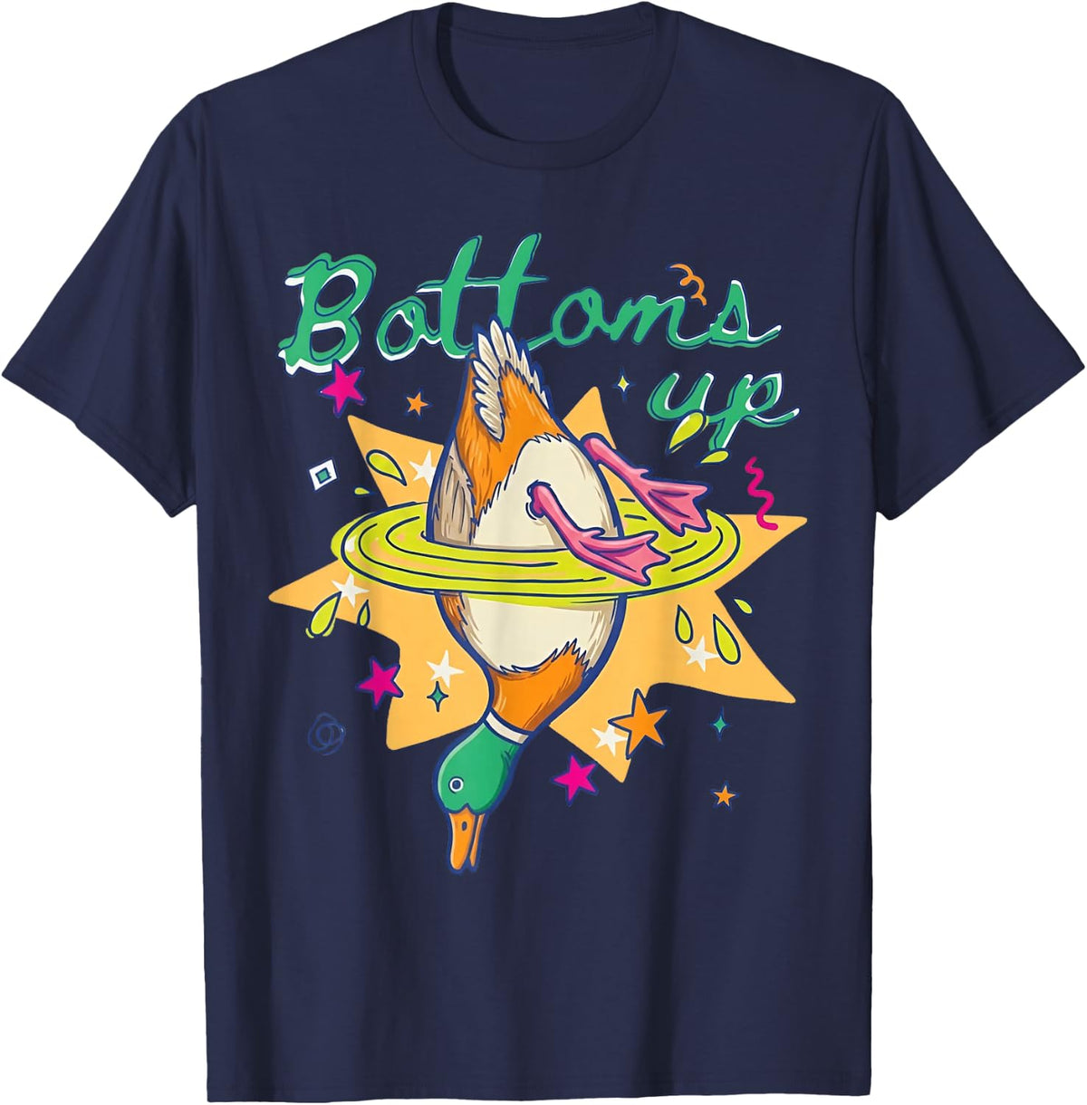 Bottoms Up Funny Duck Diving Water Retro Pun T-Shirt - Navy Blue