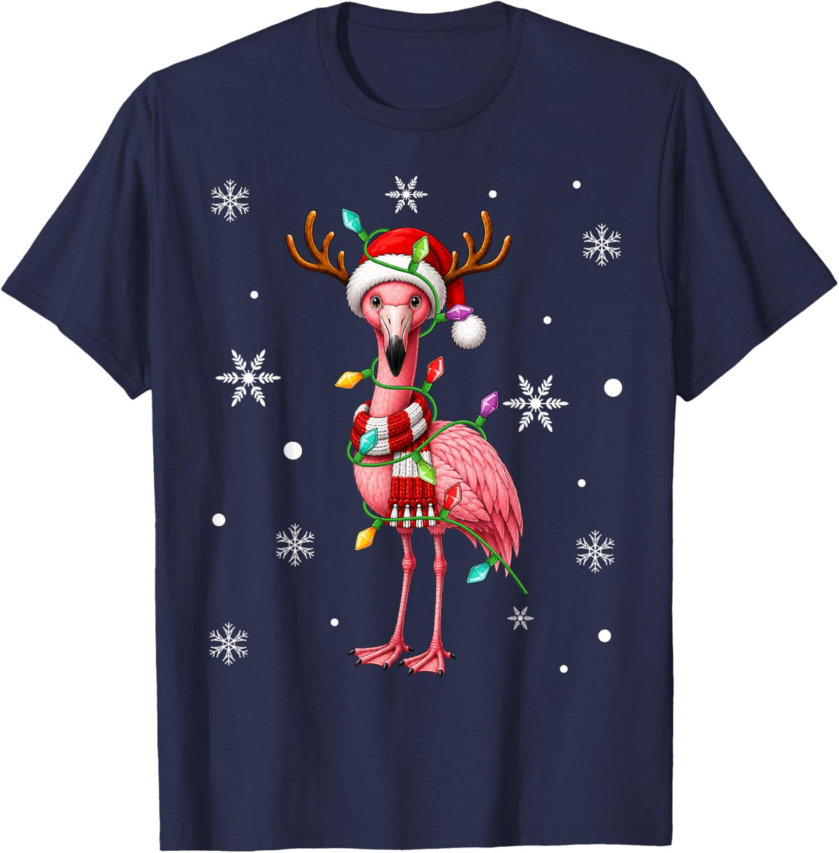 Flamingo Christmas Lights Santa Hat Scarf Festive Xmas T-Shirt - Navy Blue
