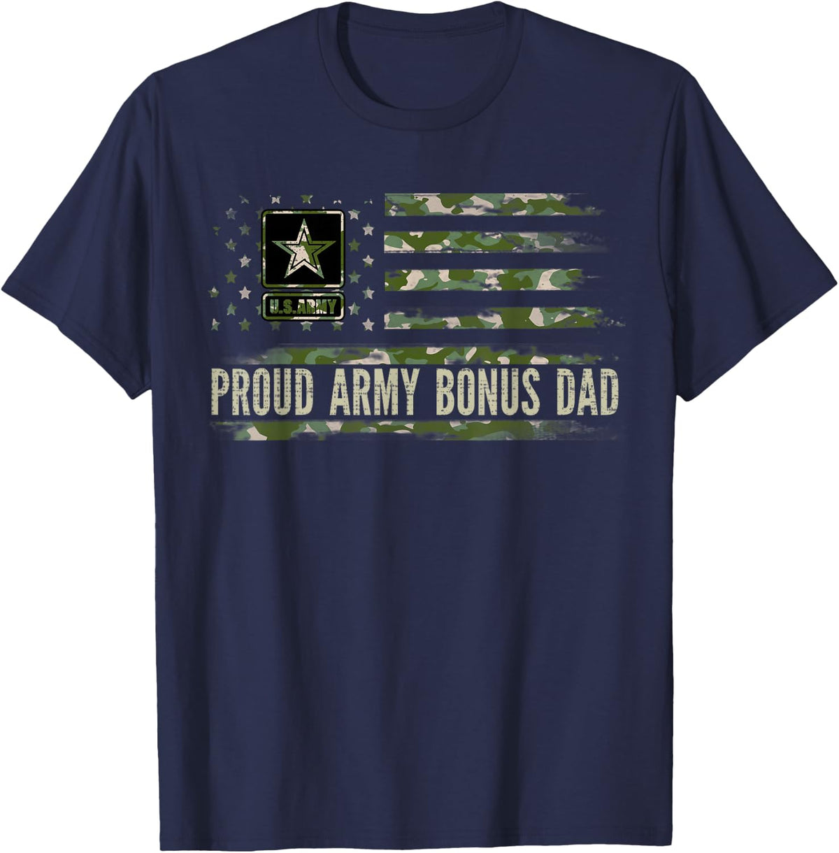 Vintage Proud Army Bonus Dad Camo American Flag Veteran Gift T-Shirt - Navy Blue
