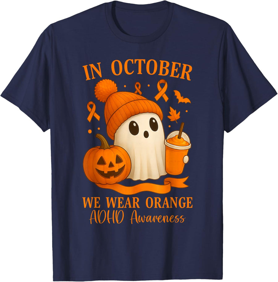 ADHD Awareness in October We Wear Orange Halloween Ghost T-Shirt - Navy Blue