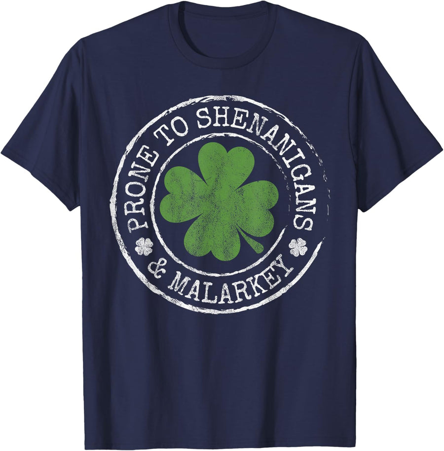 Prone to Shenanigans & Malarkey Fun Clovers St Patrick's Day T-Shirt - Navy Blue