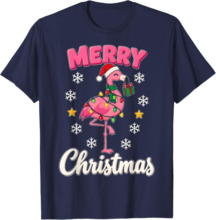 Merry Flamingo Christmas Shirt Tropical Bird Xmas Lights T-Shirt - Navy Blue