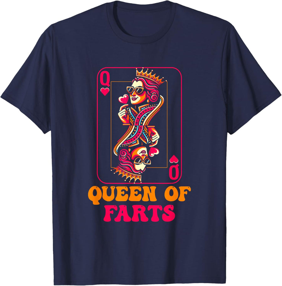 Queen of Farts Playing Card Parody with Crowned Lady Retro T-Shirt - Navy Blue
