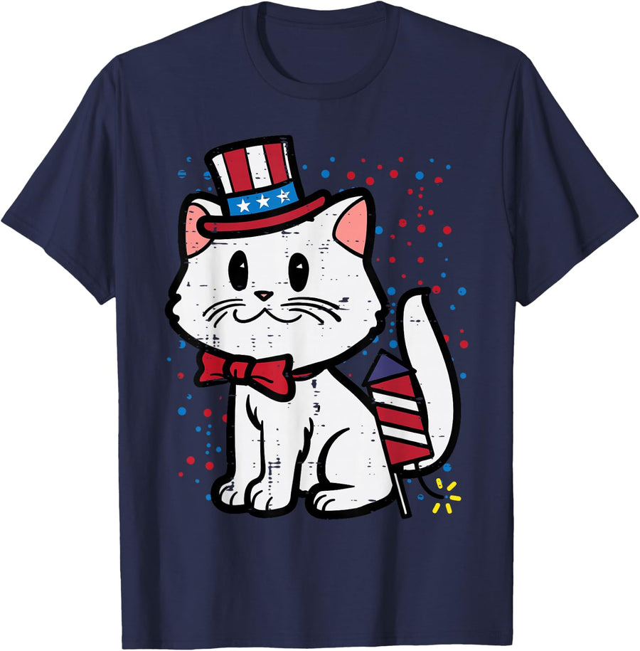 4th Of July Cat Patriotic Kitten Girls Kids Toddler Women T-Shirt - Navy Blue