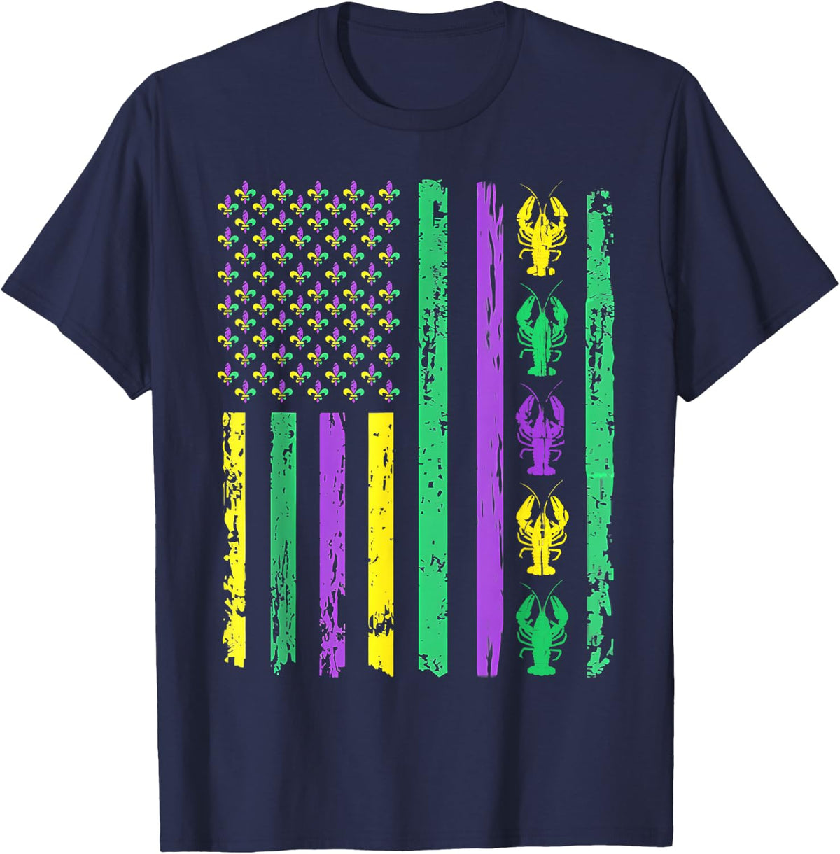 Carnival Mardi Gras USA American Flag Crawfish Parade Outfit T-Shirt - Navy Blue