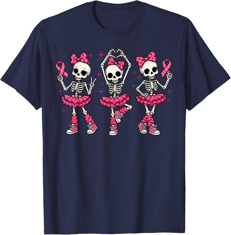 Breast Cancer Cheerleader Skeleton Pink Ribbon Cheerleading T-Shirt - Navy Blue