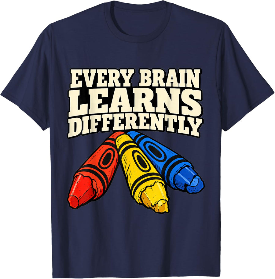 Special Education Every Brain Learns Differently Crayon Fans T-Shirt - Navy Blue