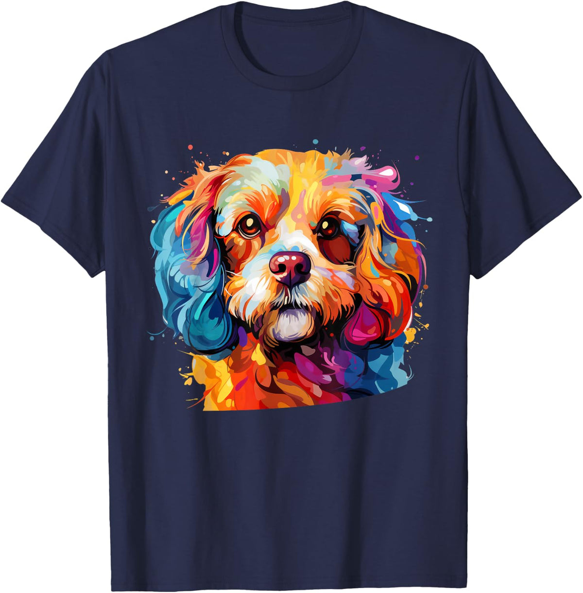 Cavapoo Portrait, Portrait Colour Artwork T-Shirt - Navy Blue