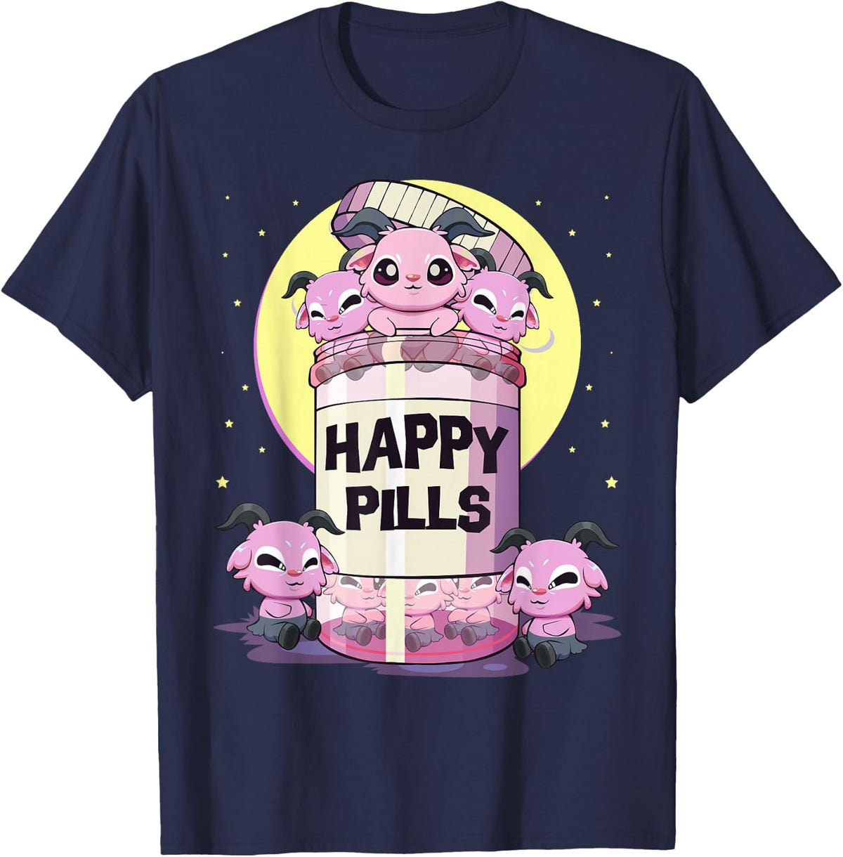 Pastel Goth Kawaii Cute Happy Pills Baphomet T-Shirt - Navy Blue