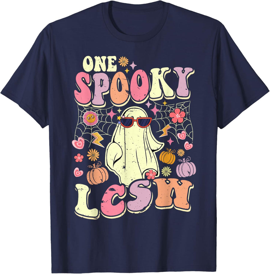 One Spooky LCSW Halloween Ghost Clinical Social Worker T-Shirt - Navy Blue