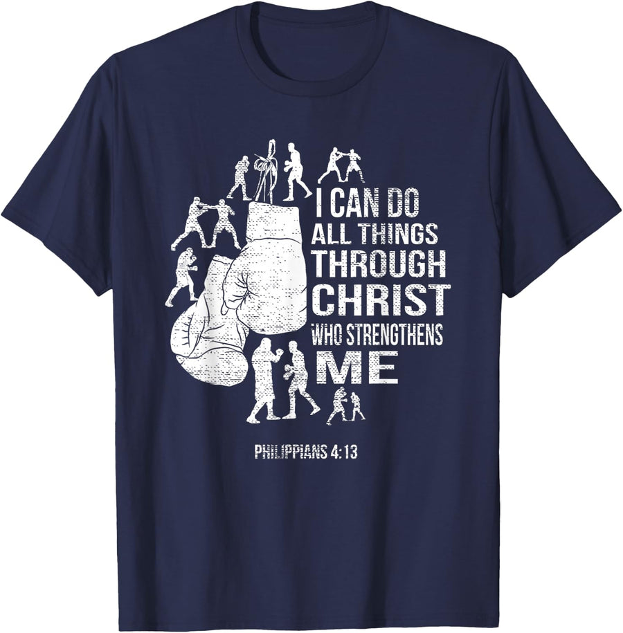 Philippians 4:13 Religious Boxing Funny Christian Boxer Gift T-Shirt - Navy Blue