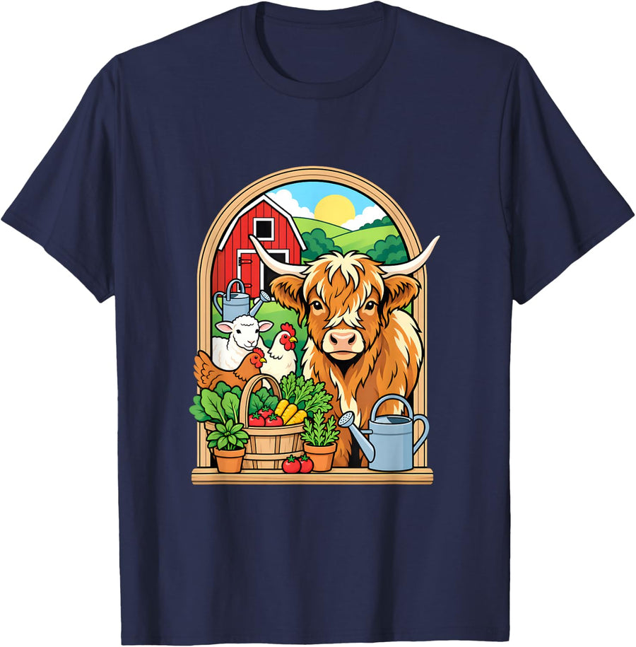 Highland Cow Sheep Chickens Barn Farm Garden T-Shirt - Navy Blue