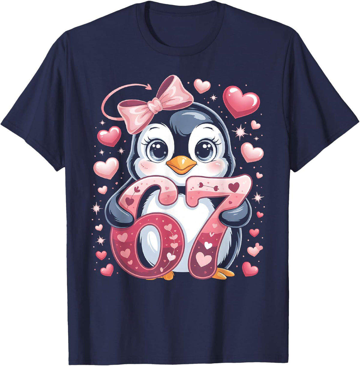 Cute Penguin 67 Six Seven Valentine Heart Lovers 6 7 Meme T-Shirt - Navy Blue