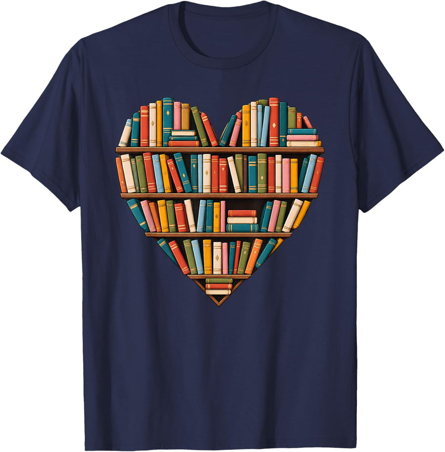 Heart Bookshelf Reading Book Lover Library Bibliophile Art T-Shirt - Navy Blue