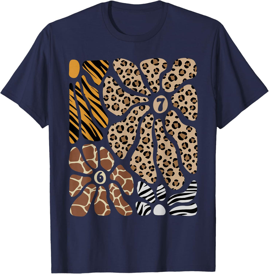 67 Meme Safari Floral Boho Flowers Animals Leopard Print T-Shirt - Navy Blue