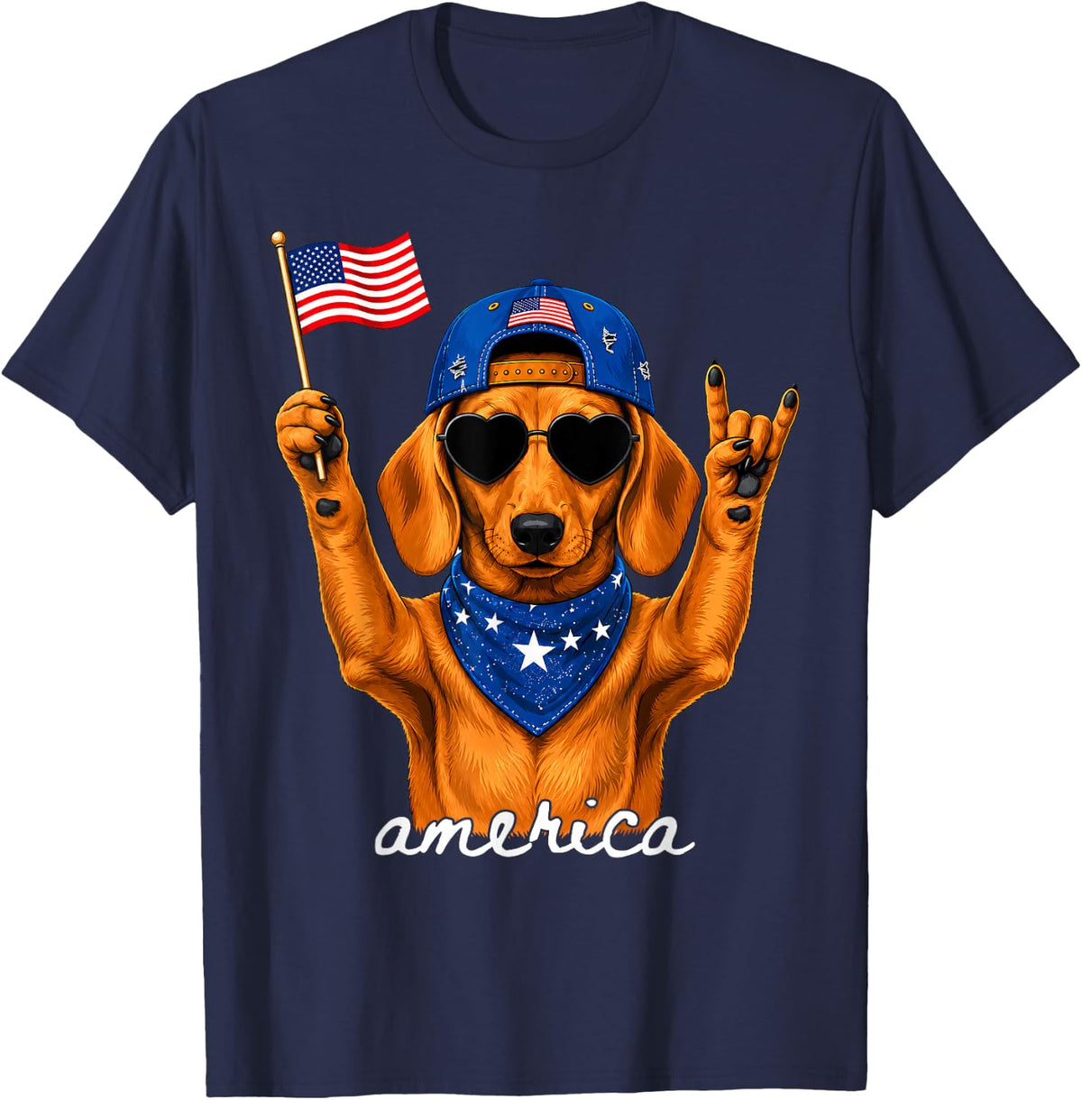 Funny America Dachshund Rock on American Flag 4th of July T-Shirt - Navy Blue