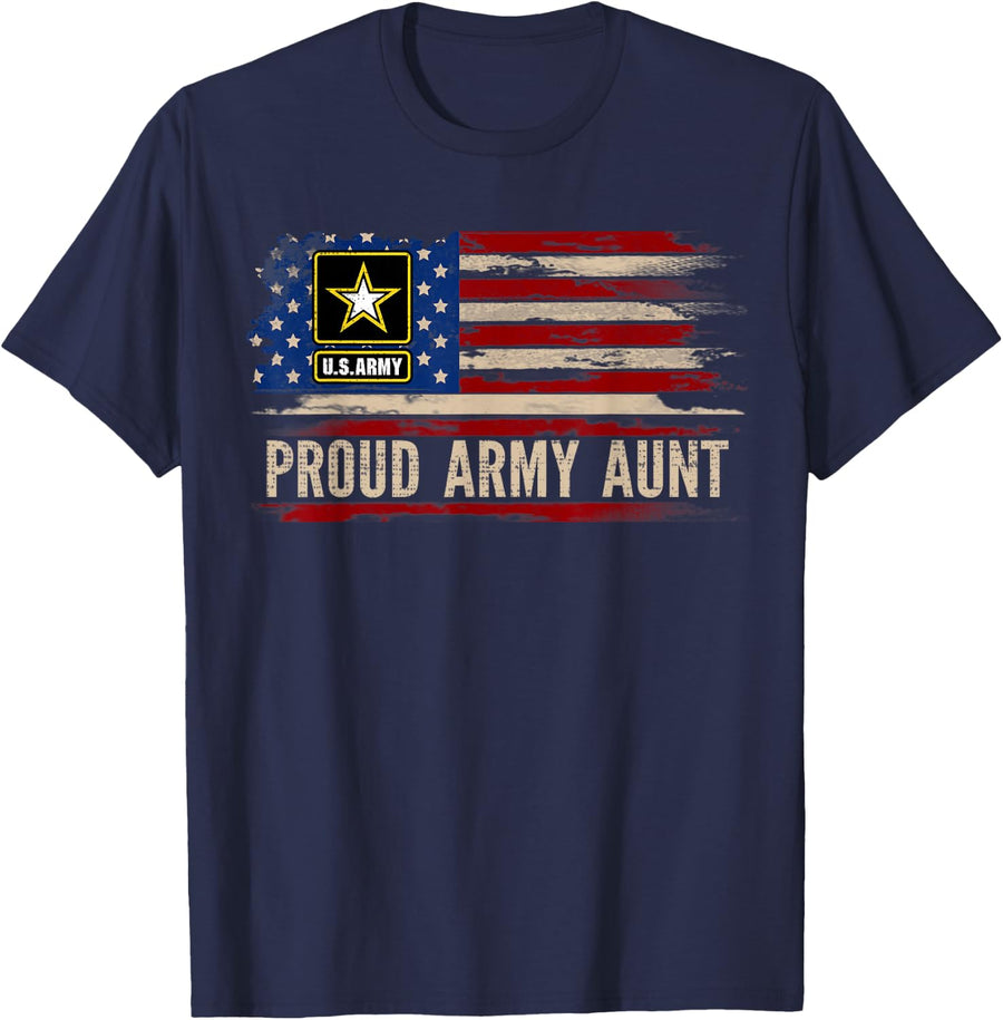Vintage Proud Army Aunt American Flag Veteran Gift T-Shirt - Navy Blue