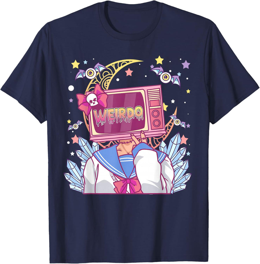 Object Head Cosplay Weirdcore Aesthetic Pastel Goth Bat TV T-Shirt - Navy Blue