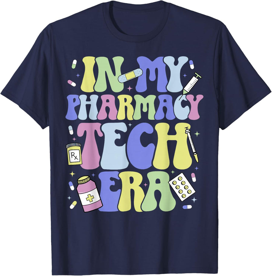 in My Pharmacy Tech Era - Groovy Pharmacy Tech Pharmacology T-Shirt - Navy Blue