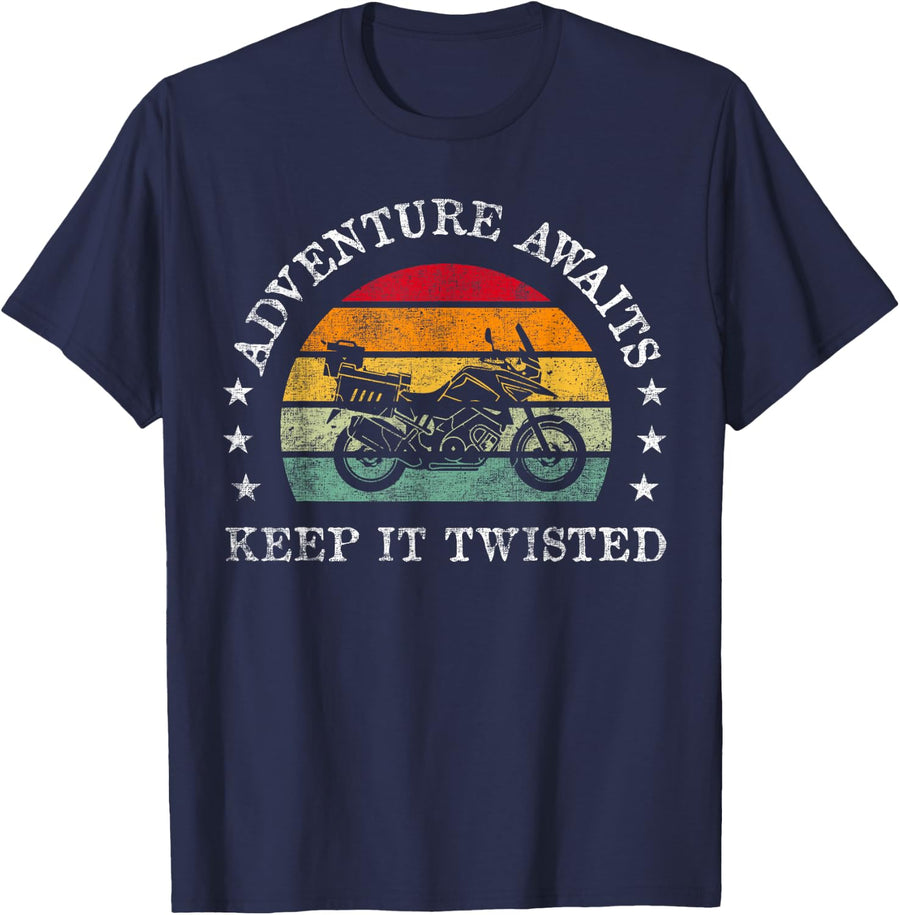 Adventure Awaits - Keep It Twisted - Vintage Motorcycle T-Shirt - Navy Blue